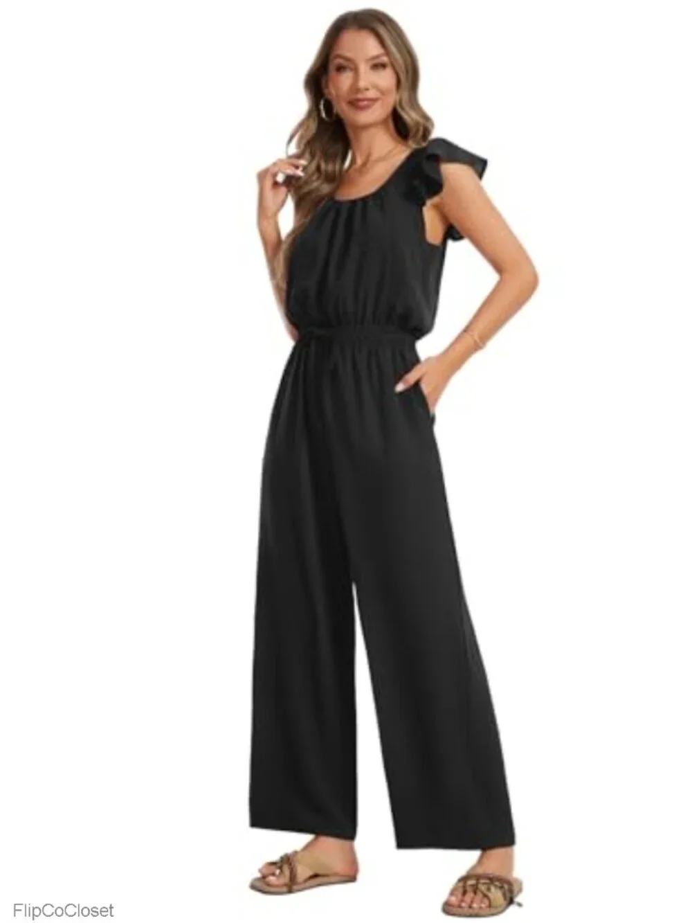 Women's Square Neck Ruffle Sleeve Drawstring Wide Leg Jumpsuit Romper with